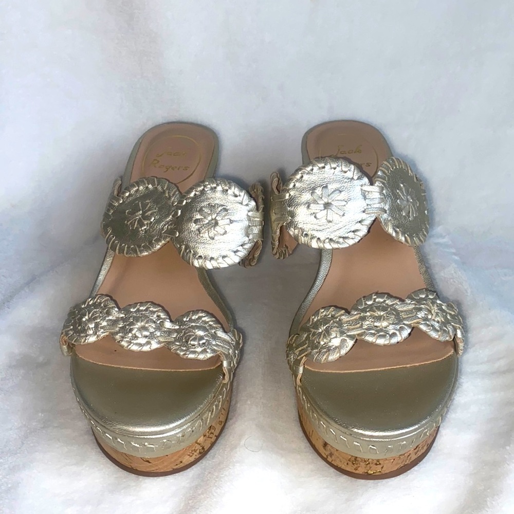 Jack Rodgers Metallic Leather Cork Wedges- Size 6